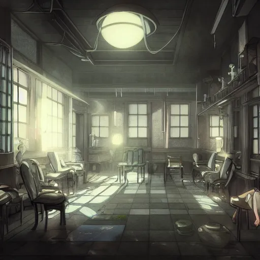 Image similar to interior of the melancholic nursing home, anime fantasy illustration by tomoyuki yamasaki, kyoto studio, madhouse, ufotable, square enix, cinematic lighting, trending on artstation