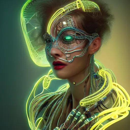 Prompt: beautiful woman integrating with technology, full face, detailed intricate ornate cables connected to head, big open electric eyes, luxurious detailed abundent wiring and implants, sci-fi, neon, emeralds, detailed technology full background, highly detailed, cinematic lighting, Rene Lalique and Eddie Mendoza