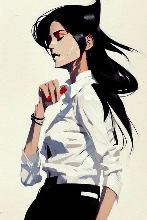 Image similar to a ultradetailed beautiful panting of a stylish woman, she is wearing a white shirt with a tie and black pants, by conrad roset, greg rutkowski and makoto shinkai trending on artstation