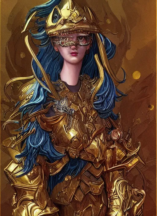 Image similar to gold paladin, james jean style, claymation style, perfect face, fantasy protrait