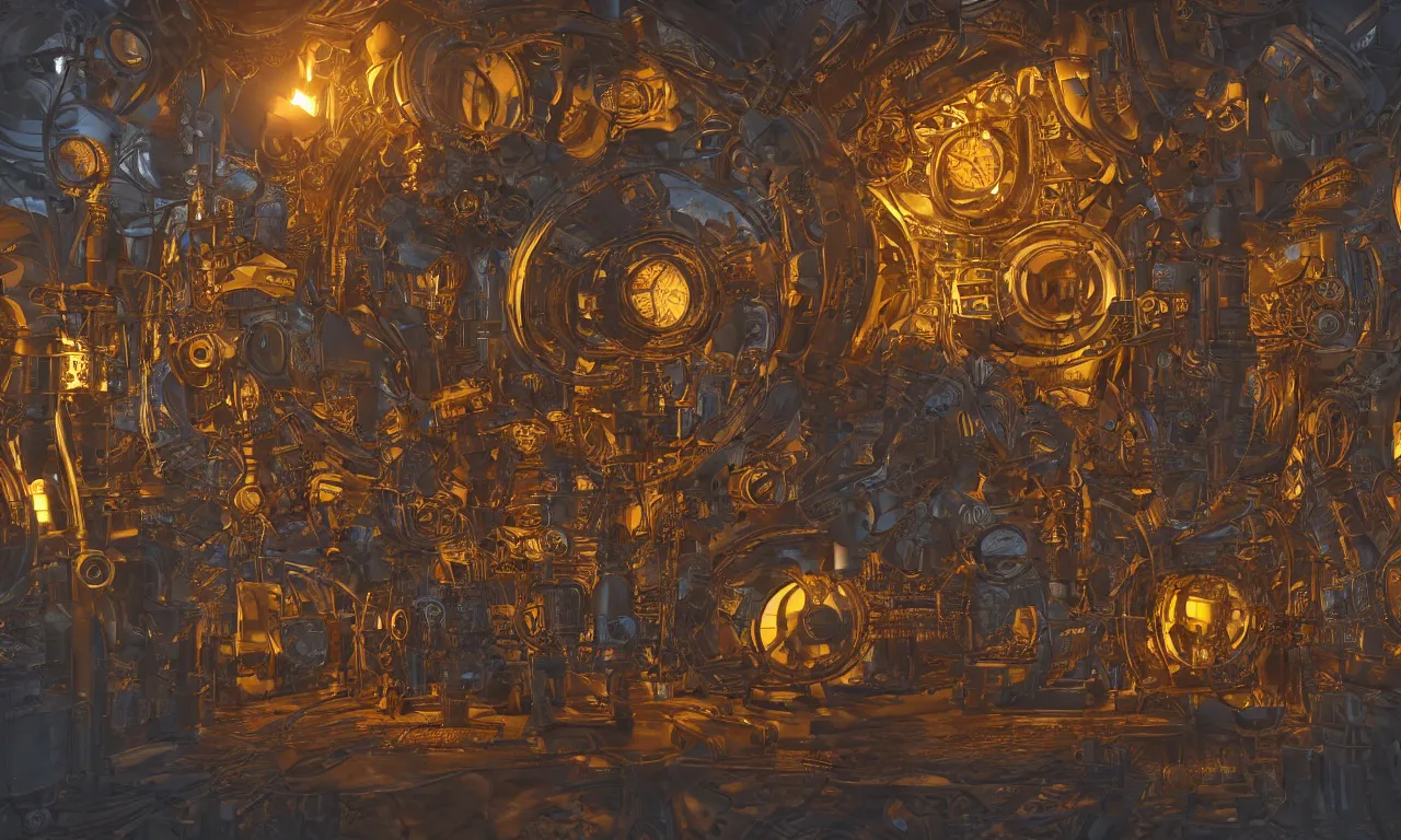 Image similar to steampunk engine laboratory 3 d volume kaleidoscope chakra digital color stylized concept substance natural color scheme, global illumination ray tracing hdr fanart arstation by sung choi and eric pfeiffer and gabriel garza and casper konefal