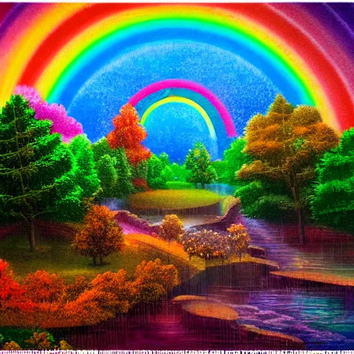Prompt: A utopian landscape filled with rainbows, in the style of ivan rabuzin