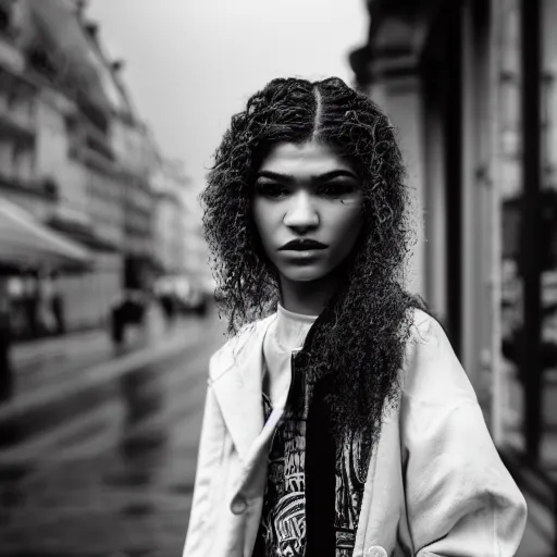 Prompt: black and white fashion photograph, highly detailed portrait of a depressed Zendaya as a drug dealer on a busy Paris street, detailed face looking into camera, eye contact, natural light, rain, mist, lomo, fashion photography, film grain, soft vignette, sigma 85mm f/1.4 1/10 sec shutter, Daren Aronofsky film still promotional image, IMAX 70mm footage