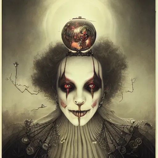 Image similar to By Tom Bagshaw, ultra realist soft painting of a curiosities carnival by night, Clown, horror, omnious sky, symmetry accurate features, very intricate details, black and white, volumetric light clouds