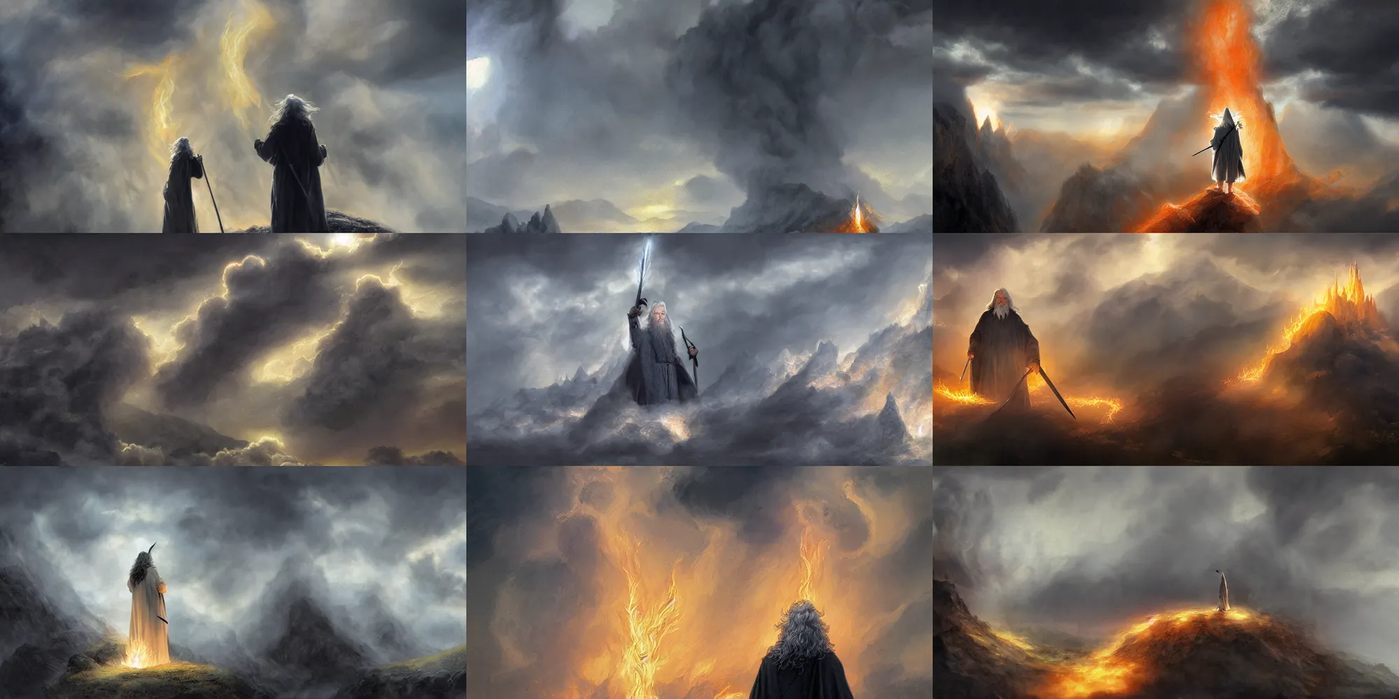 Prompt: gandalf! side - lit by a billowing cloud of bright flame and pitch - black smoke by alan lee, intricate, detailed, god - rays pierce the smoke, panoramic, digital painting, artstation