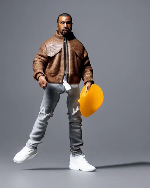 Image similar to 1970s action figure of Kanye West, product photography, plastic toy, white background, isolated background, studio lighting