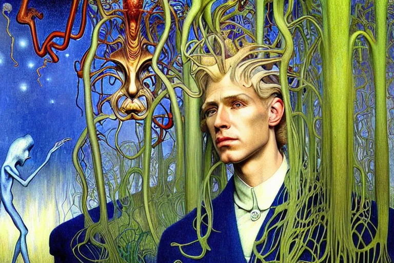 Image similar to realistic detailed portrait painting of a beautiful ghost man with blond hair with an alien, futuristic sci-fi forest on background by Jean Delville, Amano, Yves Tanguy, Alphonse Mucha, Ernst Haeckel, Edward Robert Hughes, Roger Dean, rich moody colours, blue eyes