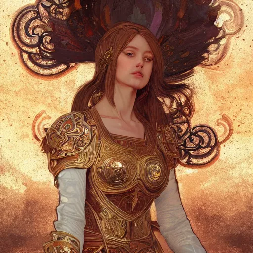 Prompt: portrait knights of Zodiac girl, golden and copper armor, in ruined Agora of Athens, ssci-fi, fantasy, intricate, very very beautiful, elegant, highly detailed, digital painting, artstation, concept art, smooth, sharp focus, illustration, art by alphonse mucha and tian zi and WLOP