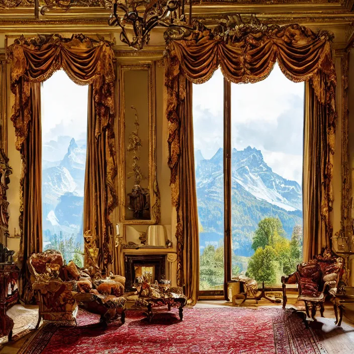 Image similar to photo of a fantastical baroque living room with switzerland landscape in the window in the style of maximalism