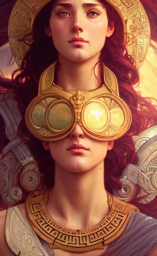 Image similar to portrait of the goddess athena, greek mythology, intricate, headshot, highly detailed, digital painting, artstation, concept art, sharp focus, cinematic lighting, illustration, art by artgerm and greg rutkowski, alphonse mucha, cgsociety