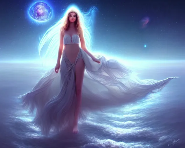 Prompt: a lone beautiful ethereal spirit floating / walking along the shimmering crystalline shores of eternity, universe and planets and stars in the sky, unusual surreal, gorgeous artwork by artgerm, rtukowski, wlop, detailed, dramatic lighting