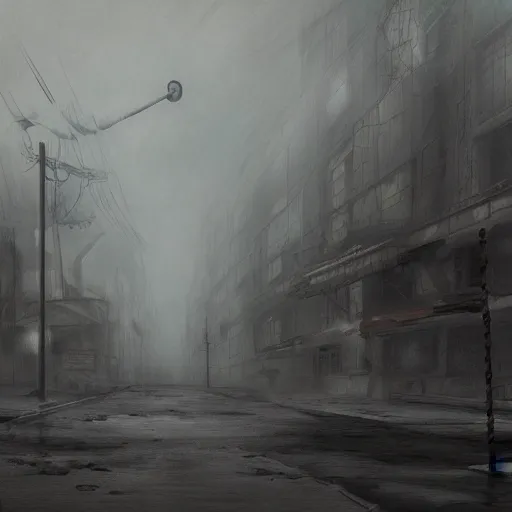 Prompt: silent hill engulfed in fog, dirty, decay, concept art, highly detailed, digital painting, artstation