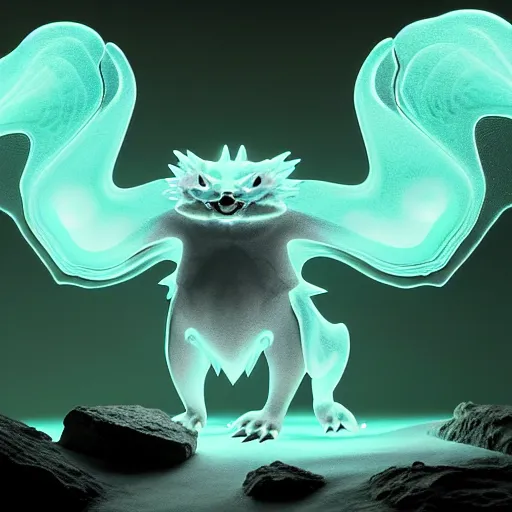 Image similar to ( ghost pokemon ) creature creature in a alaska cave, bioluminescent bioluminescent translucent translucent : : by michal karcz, daniel merriam, victo ngai and guillermo del toro : : ornate, dynamic, particulate, intricate, elegant, highly detailed, centered, artstation, smooth, sharp focus, octane render, 3 d