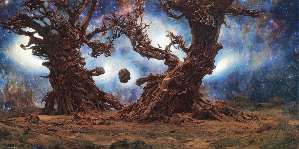 Image similar to supernova, giant tree made from asteroids in open space, painted by steve mccurry, ruan jia, raymond swanland, lawrence alma tadema, zdzislaw beksinski, norman rockwell, jack kirby, tom lovell, alex malveda, greg staples