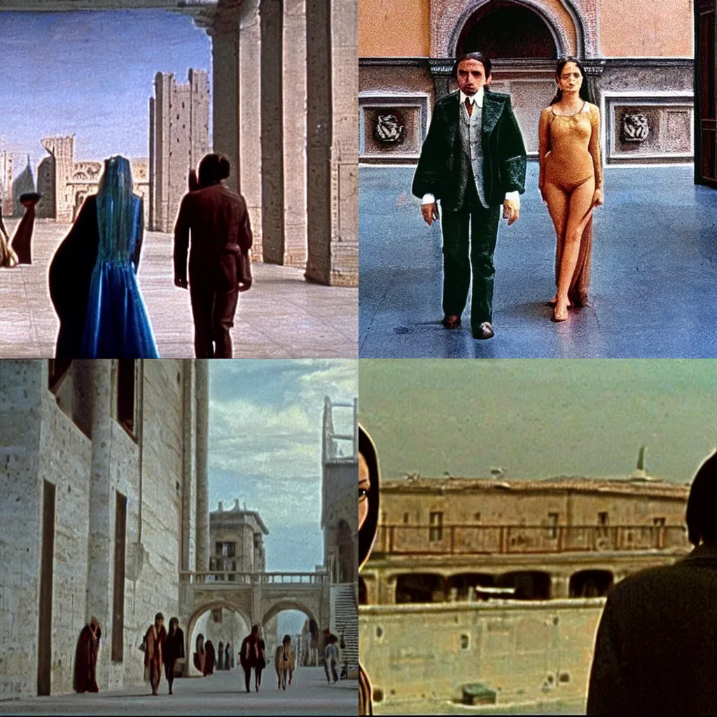 Prompt: a scene from the movie la felicita ( 1 9 7 1 ) by luchino visconti with mastroianni!!!! and claudia cardinale!!!! walking in a scifi cyberpunk futurist city reminiscent of the ( ( ( ideal city by piero della francesca. technicolor ) ) ), cinematic, 5 0 mm, highly detailed