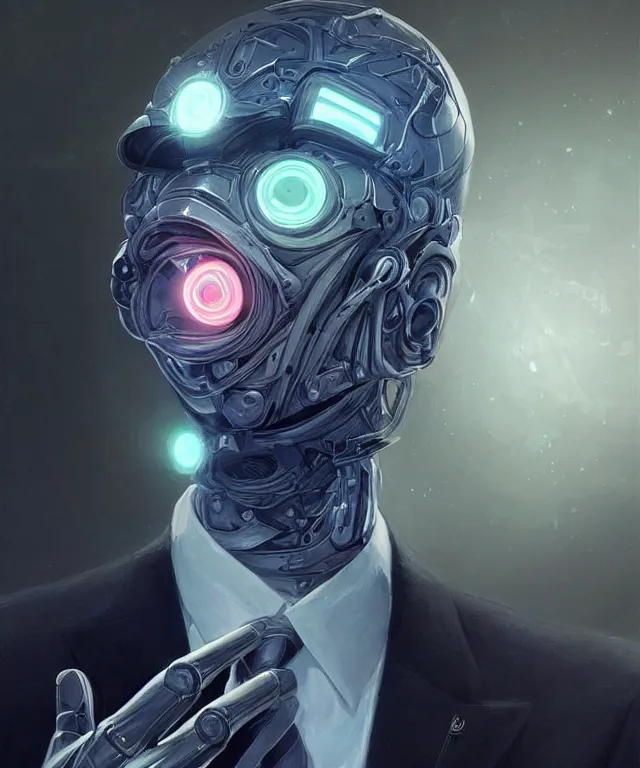 Image similar to a male android portrait wearing a suit and tie, surrealism, scifi, intricate, elegant, sharp eyebrows, highly detailed cybernetic body, neon glowing eyes, digital painting, artstation, concept art, smooth, sharp focus, illustration, art by artgerm and moebius and peter mohrbacher