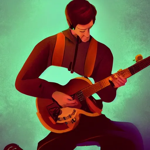 Image similar to a guitarist playing so intensely there is electricity shooting out from under his finger tips and freboard, amazing ditial art, trending on artstation, featured on deviantart