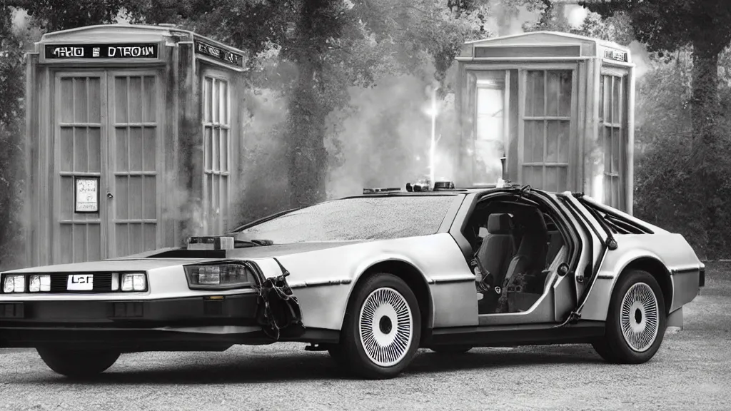 Image similar to a DeLorean in front of the TARDIS daguerreotype