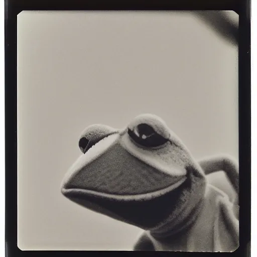 Image similar to Kermit the fish, profile polaroid photo, instax, white frame, by Warhol,