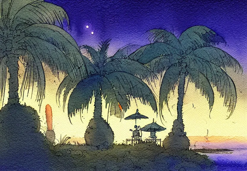 Image similar to a simple watercolor fantasy concept art of a dark grey boxy ufo next to a palm tree at night. by studio ghibli, rebecca guay, michael kaluta, charles vess