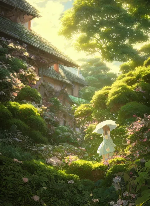 Image similar to the emerald herald in the garden, intricate, tone mapped, highly detailed, digital painting, pixiv, concept art, smooth, sharp focus, illustration, by makoto shinkai and akihiko yoshida