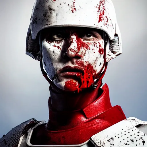 Image similar to portrait of a 5 0 year old soldier with vertical grooves on his nose, angular eyebrows, wearing blood - spattered glossy sleek white dinged scuffed armor and a long torn red cape, heroic posture, battle - weary, strained expression, determined expression, no helmet, on the surface of mars, dramatic lighting, cinematic, sci - fi, hyperrealistic, detailed