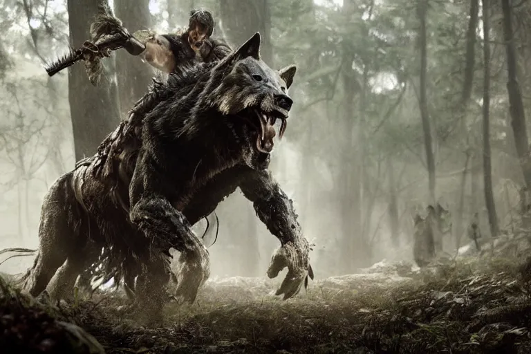 Image similar to vfx movie closeup detailed ancient armored warrior orc hunting riding large wolf in the forest, natural lighting by emmanuel lubezki