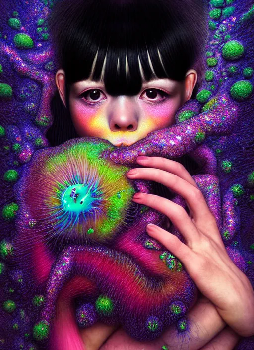 Image similar to hyper detailed 3d render like a Oil painting - kawaii portrait Aurora (black haired Singer Ferret) seen Eating of the Strangling network of yellowcake aerochrome and milky Fruit and Her delicate Hands hold of gossamer polyp blossoms bring iridescent fungal flowers whose spores black the foolish stars by Jacek Yerka, Mariusz Lewandowski, Houdini algorithmic generative render, Abstract brush strokes, Masterpiece, Edward Hopper and James Gilleard, Zdzislaw Beksinski, Mark Ryden, Wolfgang Lettl, hints of Yayoi Kasuma, octane render, 8k