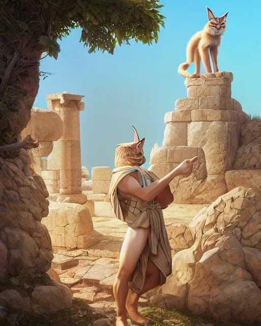 Image similar to fullbody photo of humanoid cute fluffy caracal dressed in toga, sun behind him, ancient greek city, sunny day, by ilya kuvshinov, rtx rendering, octane render 1 2 8 k, maya, extreme high intricate details by tom bagshaw, medium shot, composition by sana takeda, lighting by greg rutkowski