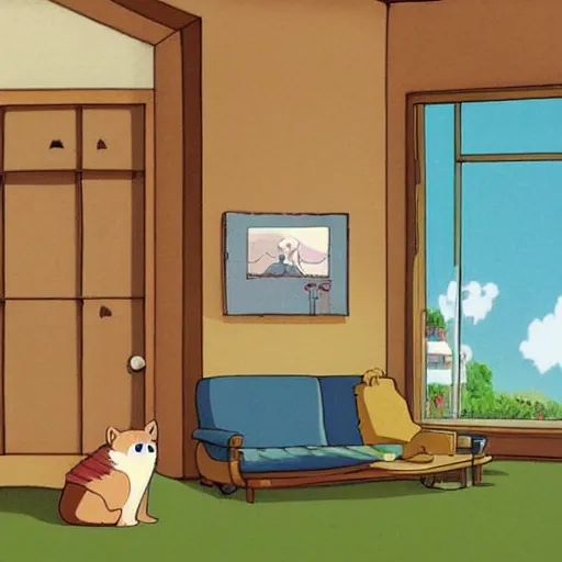 Prompt: loving cartoon bear and cartoon cat sitting in couch, by Studio Ghibli, atmospheric, cosy