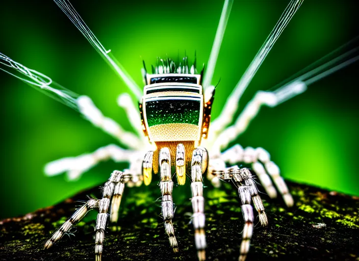 Image similar to macro portrait of a crystal spider in the forest. Fantasy magic style. Highly detailed 8k. Intricate. Nikon d850 300mm. Award winning photography.