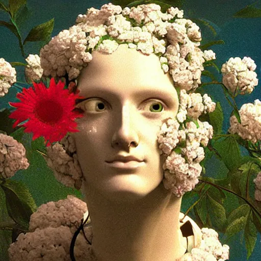 Prompt: a painting by Thomas Cole of a vaporwave robot head with flowers growing out, highly detailed 3d rendering from 1996