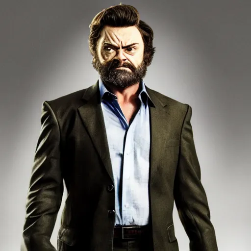 Image similar to x - men wolverine in suit played by nick offerman, logan marvel movie still, detailed 8 k, poster style, high resolution, accurate proportions