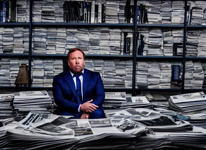 Image similar to dslr photo still of infowars host alex jones in a blue suit sitting depressed in a room filled to the ceiling with newspapers, 5 2 mm f 5. 6