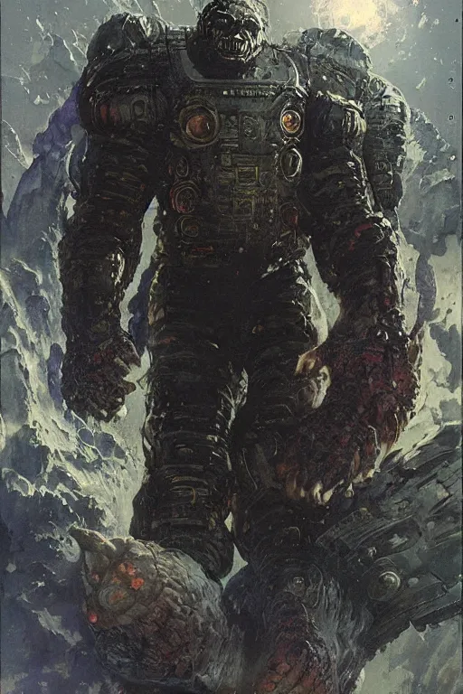 Image similar to pulp scifi fantasy illustration full body portrait of martyn ford as huge monstrous demon smashing spaceship on the moon, by norman rockwell, jack kirby, bergey, craig mullins, ruan jia, jeremy mann, tom lovell, marvel, astounding stories, 5 0 s