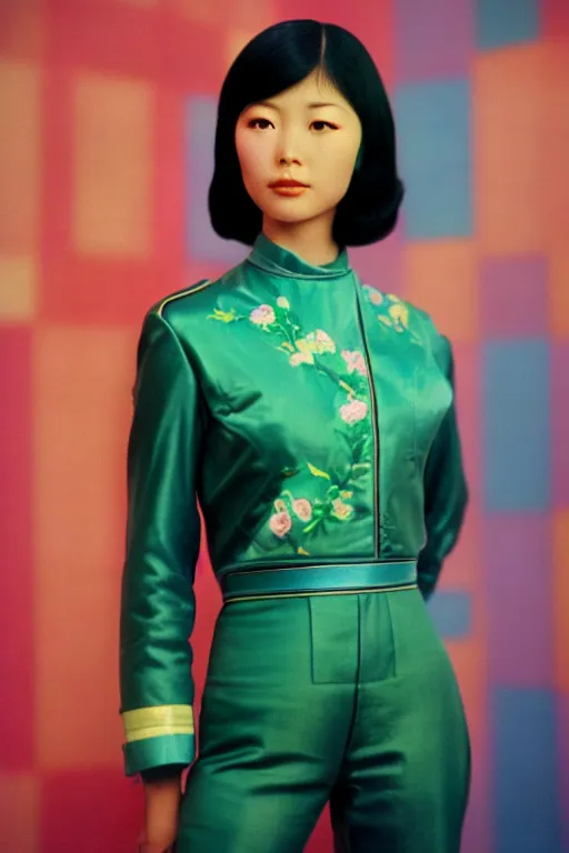 Prompt: ektachrome, technicolor, 3 5 mm, highly detailed : incredibly realistic, youthful asian demure, perfect features, feminine cut, beautiful three point perspective extreme closeup 3 / 4 portrait photo in style of chiaroscuro style 1 9 7 0 s frontiers in flight suit cosplay vogue fashion edition,