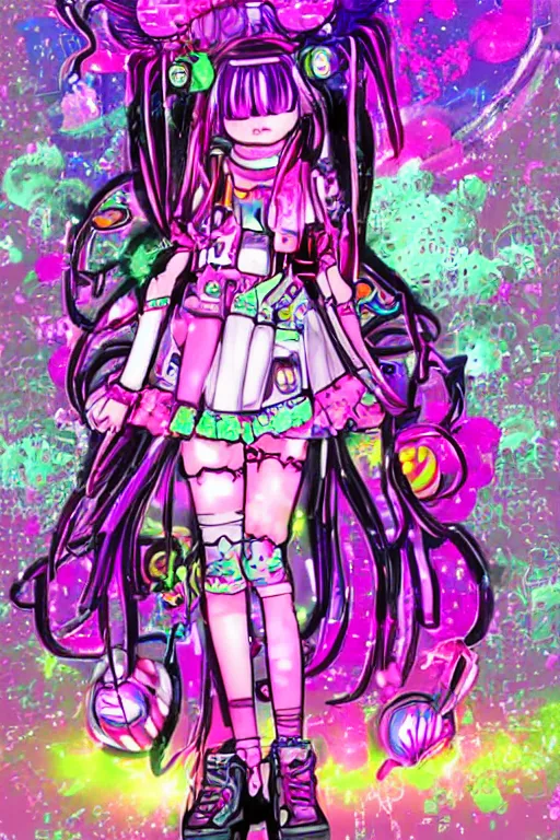 Image similar to cybergoth decora glitchcore yokai girl, sanrio ornaments, pastel cute cinematography | neo hong kong, rainy atmosphere, night time, bright lights, colorful signs, busy streets, high res, kowloon | anime decora gyaru kawaii fashion model, v tuber, darling in the frank,asuka, anime best girl, with glitch and scribble effects, psychedelic colors, 3d render octane, by wlop, wenjr, beeple, artstation,imaginefx