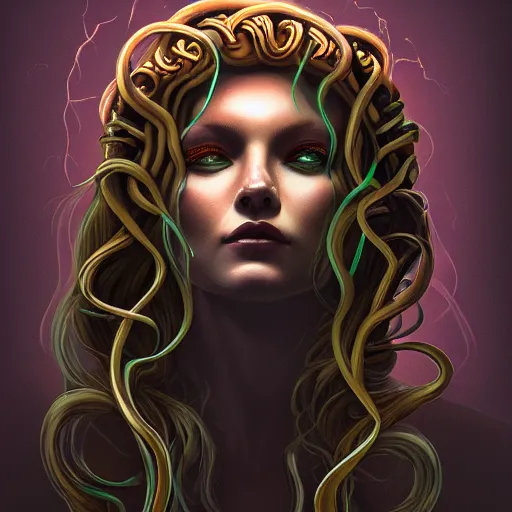 Prompt: high detail illustration, portrait of medusa, dark fantasy, backlight, atmospheric, cold colors, trending on artstation