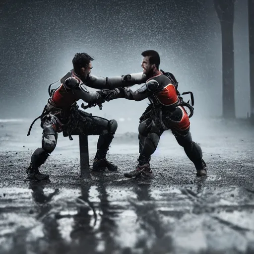 Image similar to 2 warriors in de exoskeletons battling each other in heavy rain, ground fog, moody lighting, 8 k, lightning, shallow depth of field, cinematic lighting,