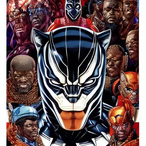 Image similar to portrait of crazy marvel black panther, symmetrical, by yoichi hatakenaka, masamune shirow, josan gonzales and dan mumford, ayami kojima, takato yamamoto, barclay shaw, karol bak, yukito kishiro