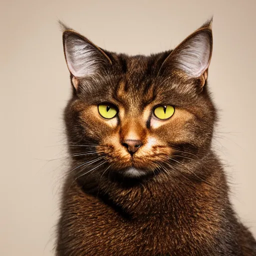 Prompt: studio photo of a completely brown cat with yellow eyes