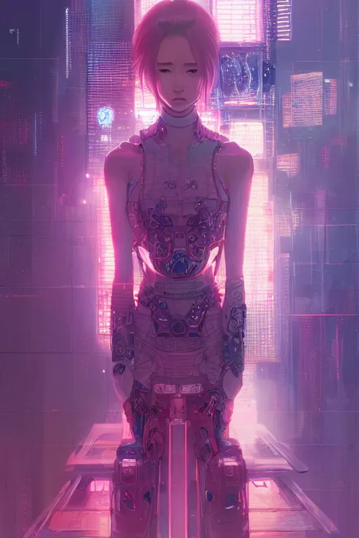 Image similar to portrait futuristic Samurai Girl, in future cyberpunk tokyo rooftop , ssci-fi, fantasy, intricate, very very beautiful, elegant, human anatomy, neon light, highly detailed, digital painting, artstation, concept art, smooth, sharp focus, illustration, art by tian zi and WLOP and alphonse mucha