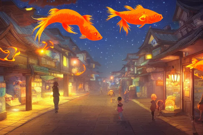 Image similar to fantasy art of glowing goldfish swimming in the air, in the streets of a japanese town at night, with children outside watching in wonder, in the style of studio ghibli and makoto shinkai, highly detailed digital art, trending on artstation