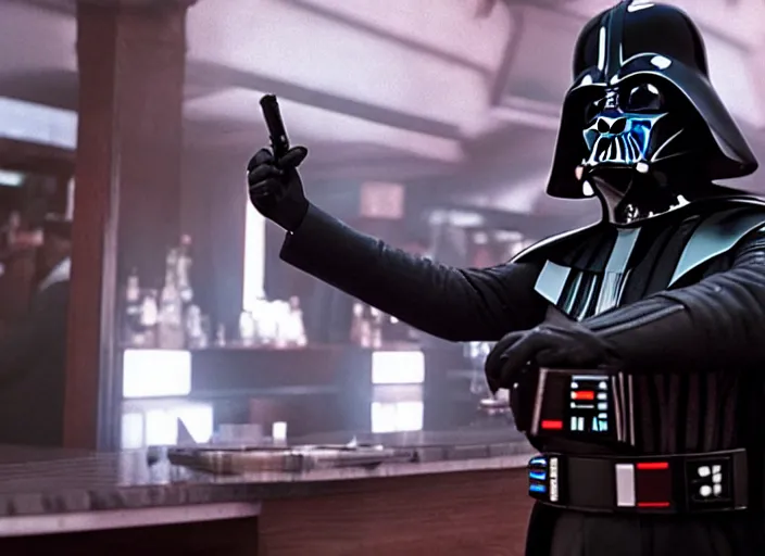 Image similar to film still of Darth Vader working as a bartender in the new Star Wars movie, 4k