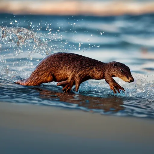 Prompt: a closeup photorealistic photograph of a cute kangaroo - otter hybrid splashing in the surf during sunset. professional capture, well lit shot. this 4 k hd image is trending on artstation, featured on behance, well - rendered, extra crisp, features intricate detail, epic composition and the style of unreal engine.