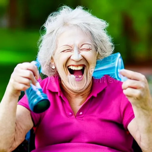 Image similar to an old woman laughing in a park with a thin translucent oxygen tubing under her nose, 4 k, stock photo