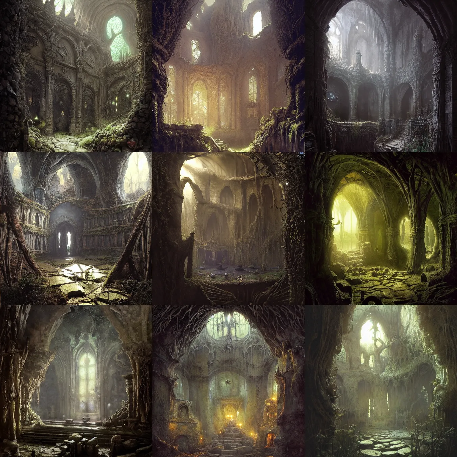 Prompt: an ancient, dark, mystical, underground fairy castle ( made from mud, plants, arth and stones ). light caustics effect, shady, eerie, high contrasts, atmospheric, siluettes, illustration by greg rutkowski, john anster fitzgerald, rembrandt, alan lee and marc simonetti