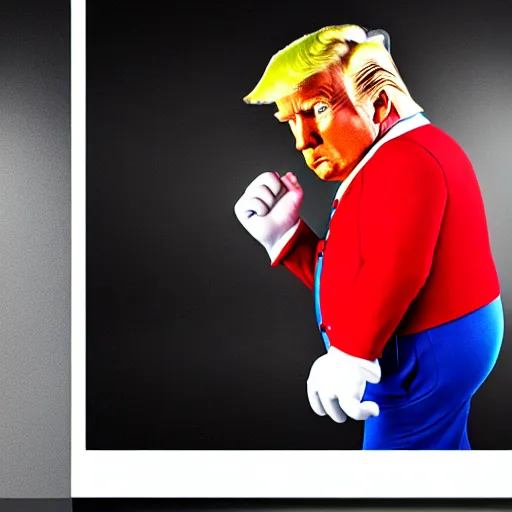 Image similar to uhd candid photo of hyperdetailed photorealistic donald trump dressed as super mario. correct face, cinematic lighting, photo by annie leibowitz, and steve mccurry.