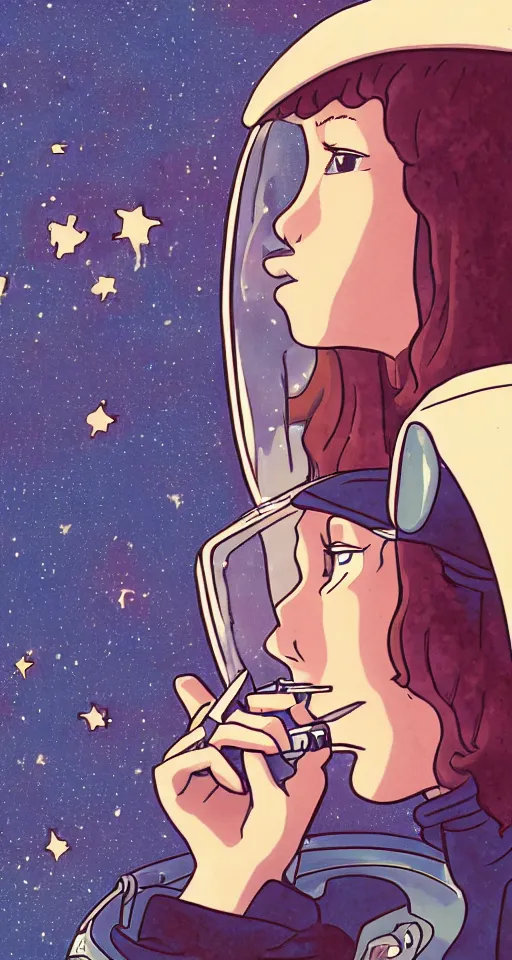 Image similar to a young cowgirl in space smoking a cigarette while looking out the window of her spaceship, sad and introspective, highly detailed, anime style