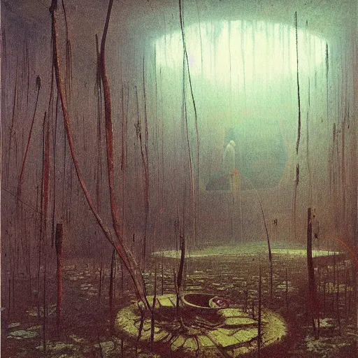 Prompt: flooded overgrown interior of boeing, matte painting, oil painting, by beksinski and moreau